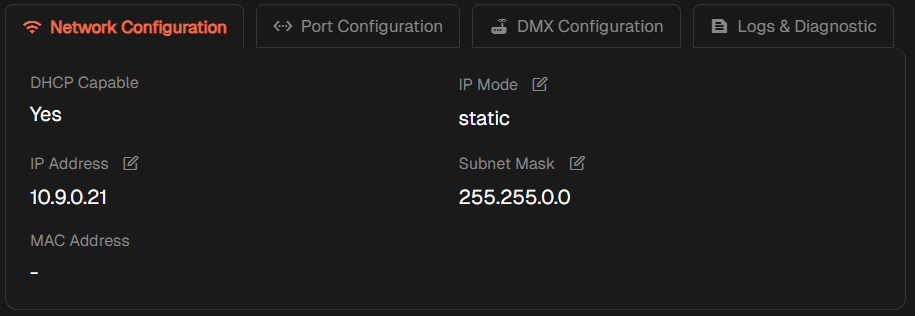 Network configuration screen