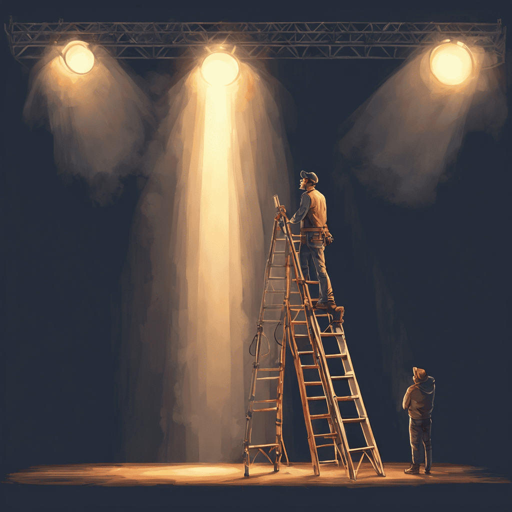 A lighting technician standing below a stage light on a ladder